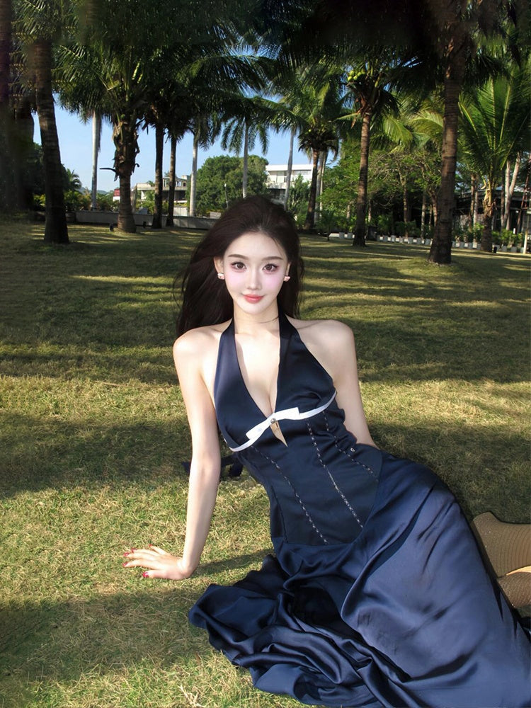French Blue Halter Maxi Dress – Elegant V-Neck Cutout Bow-Tie Backless Beach Dress