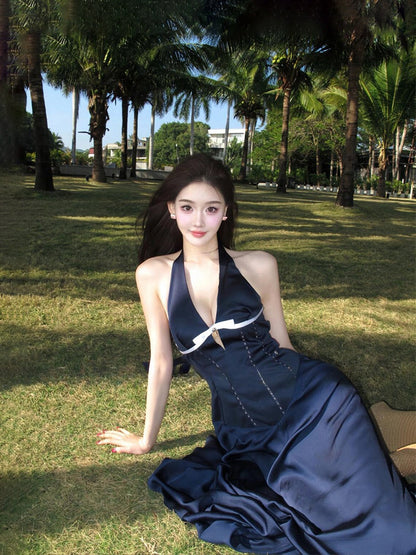 French Blue Halter Maxi Dress – Elegant V-Neck Cutout Bow-Tie Backless Beach Dress
