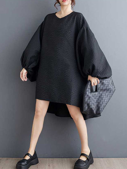 High-Low Long Sleeves Elasticity Solid Color Split-Joint Round-Neck Midi Dresses