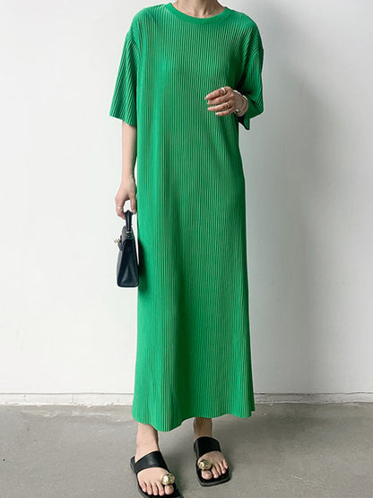 Half Sleeves Loose Pleated Solid Color Round-Neck Midi Dresses