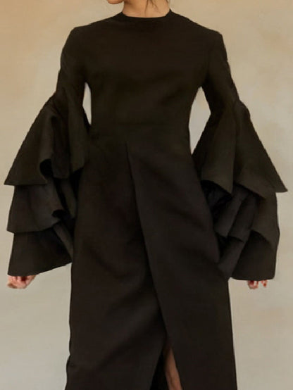 Flared Sleeves Asymmetric Layered Ruffled Solid Color Split-Back Split-Front Midi Dresses