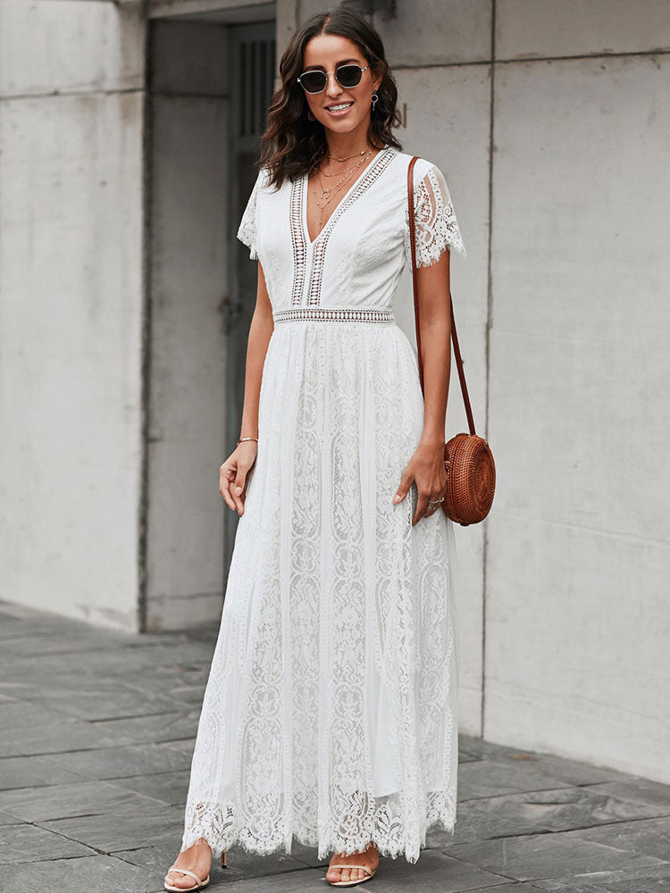 V-Neck Maxi Dress Short Sleeves Casual Long Dress