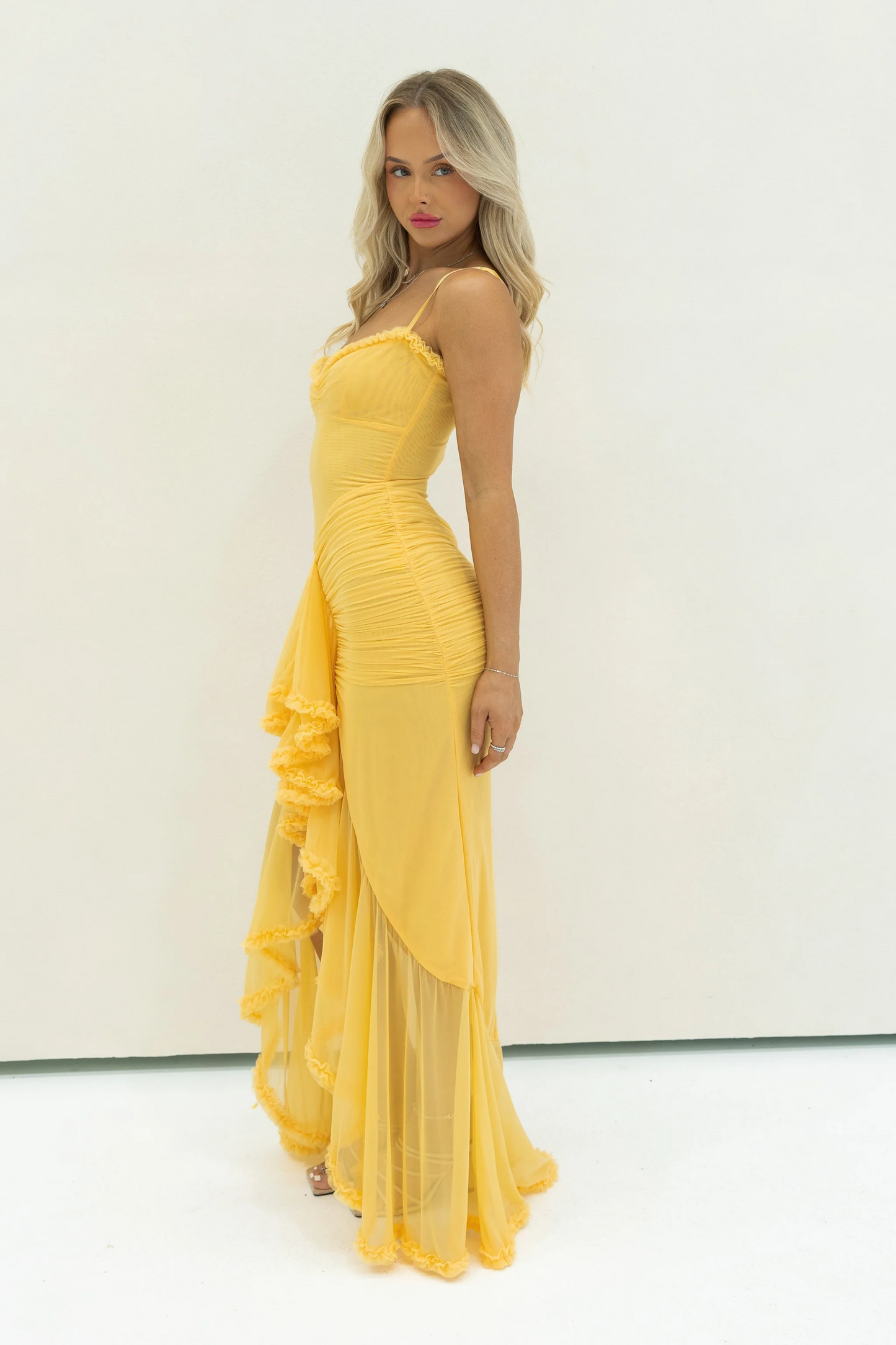 Étoile Ruffle Satin Maxi Dress | Spaghetti Straps, Waterfall Front, Train Hem