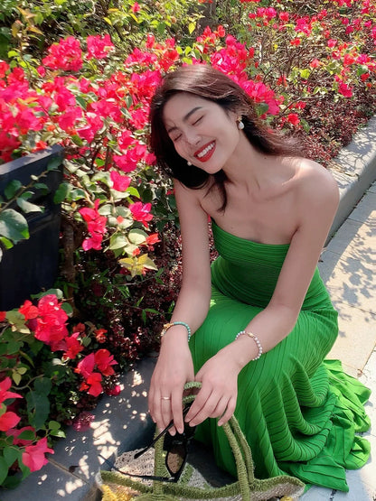 Emerald Green Knit Strapless Bodycon Maxi Dress – Elegant Beach Glam