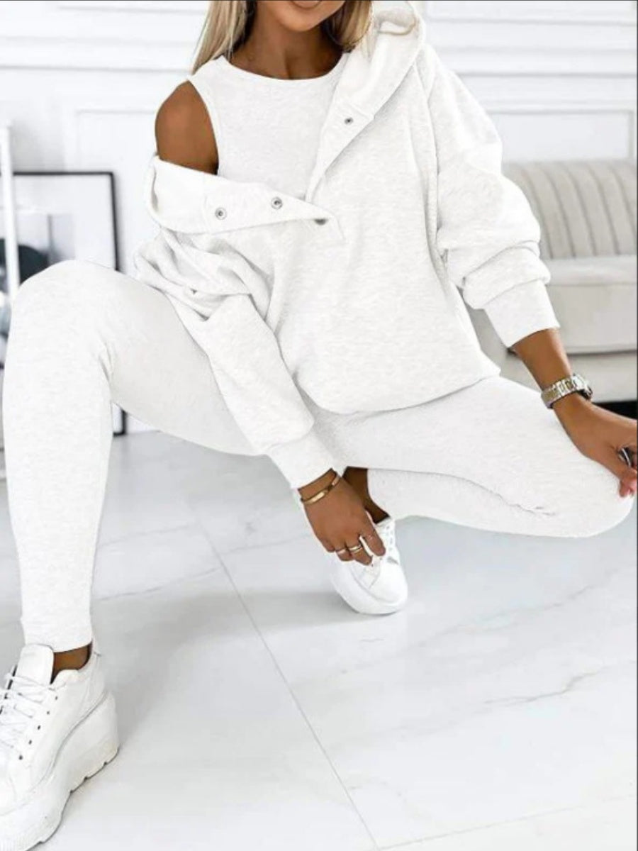 Sporty Casual Hoodie Sweatshirt, Ribbed Slim Fit Vest And Pants Three-piece Set