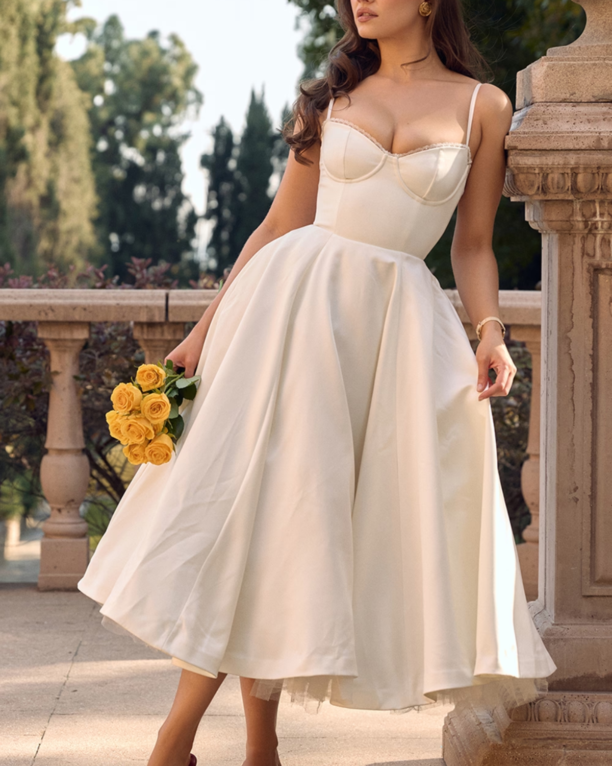 Sweetheart Spaghetti Strap Lace Trim Corset Bodice Fit and Flare Midi Dress