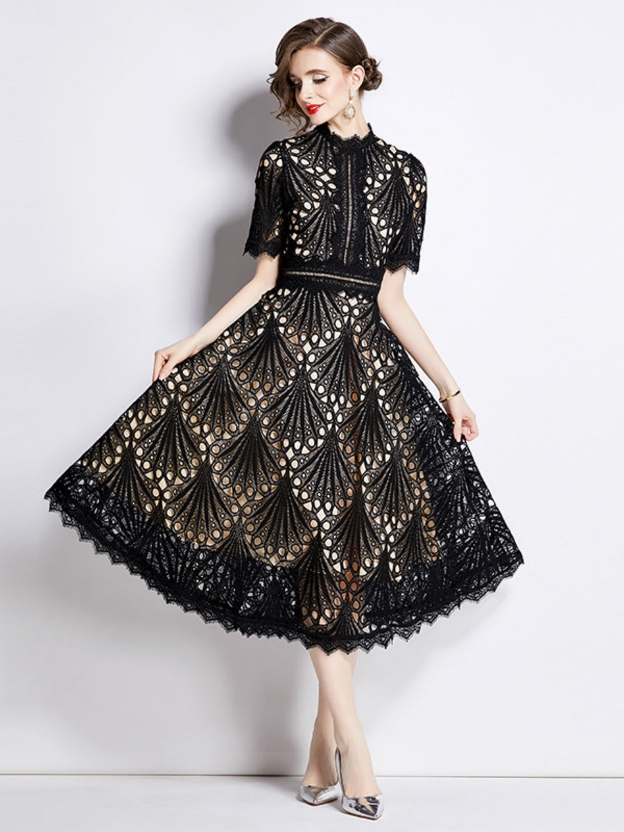 Crocheted Embroidered Lace Midi Dress