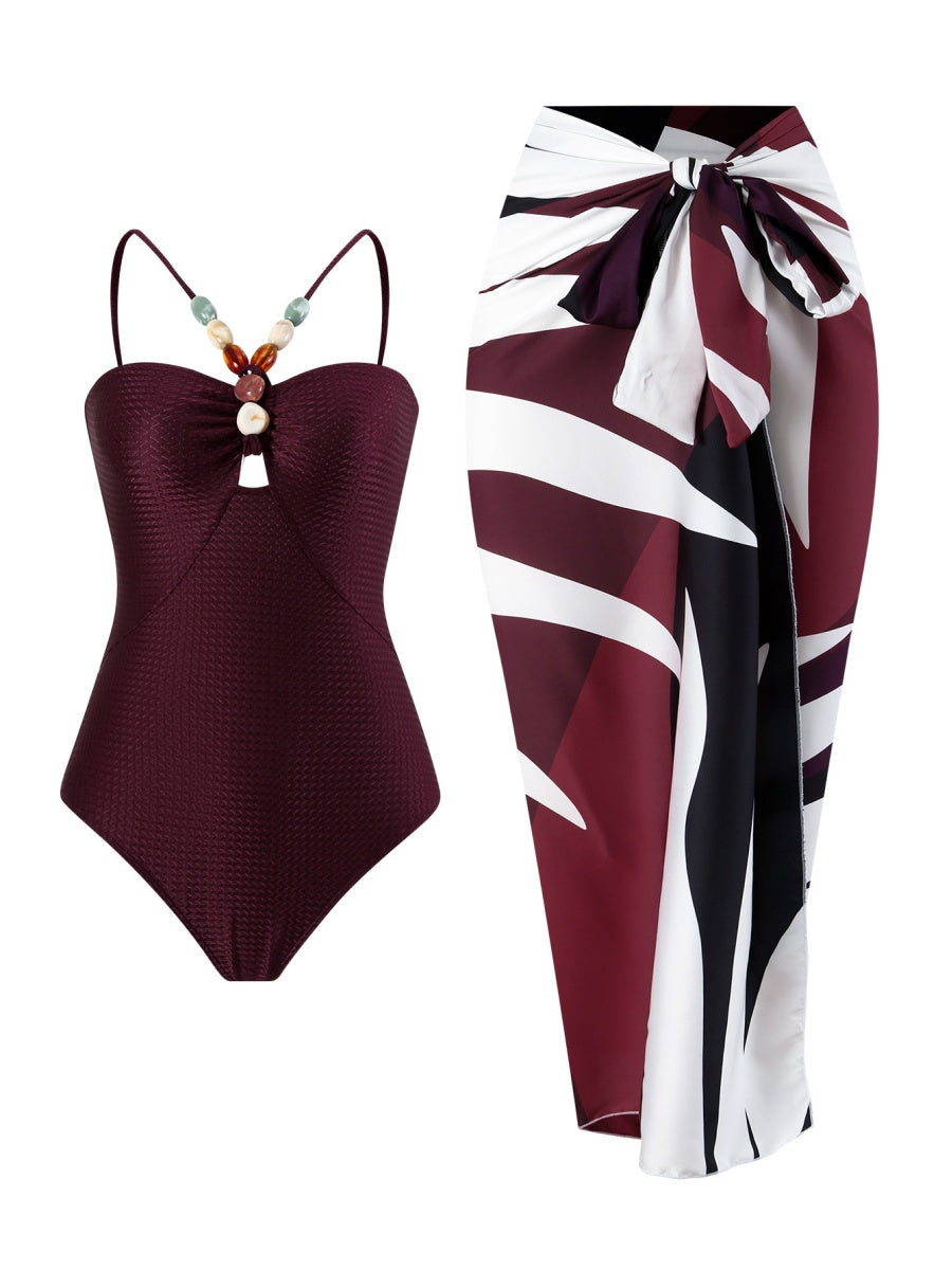 One-piece Swimsuit With Multi-colored Hollowed-out Gemstone Halter Straps, French Style.
