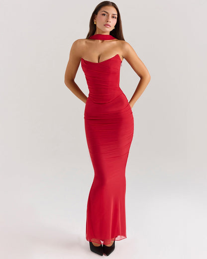 Strapless Corset Sweetheart Ruched Bodice Fabric Choker Bodycon Maxi Dress