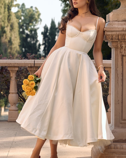 Bustier Spaghetti Strap Lace Trim Pleated Fit and Flare Midi Dress