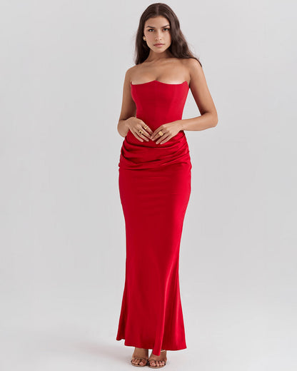 Strapless Pointed Sweetheart Corset Bodice Draped Hip Column Maxi Gown