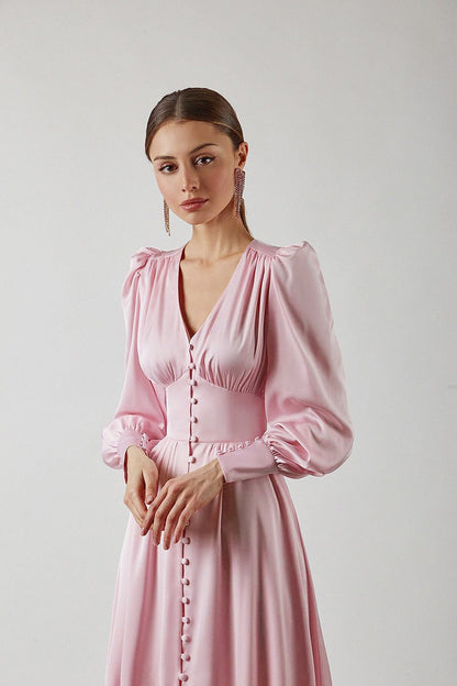 Vintage Satin Puff Sleeve Tailored Midi Dress