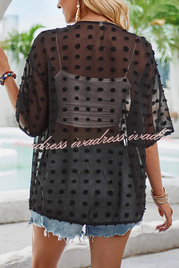 Casual See Through Patchwork Pom Pom Short Sleeved Cover Up