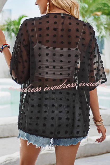 Casual See Through Patchwork Pom Pom Short Sleeved Cover Up