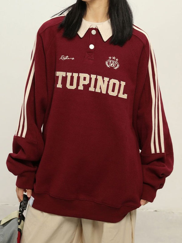 Letter Embroidered Piping Lapel Neck Sweatshirt