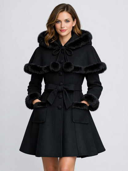 Faux Fur Trimmed Belted Wool Blend coat With Hooded Cape For Women 2026