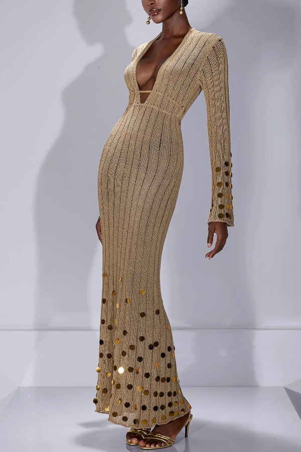 Stylish V-neck Flared Long-sleeved Knit Sequined Maxi Dress