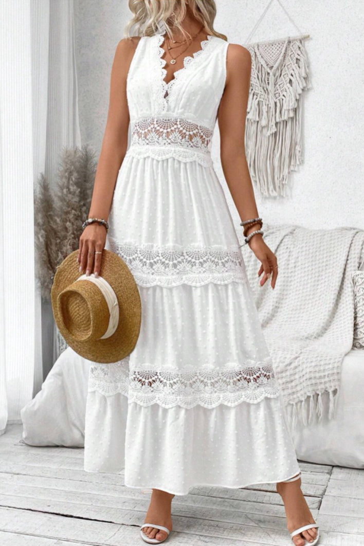 Swiss Dot Lace Inset Scoop Neck Sleeveless Tiered Maxi Dress