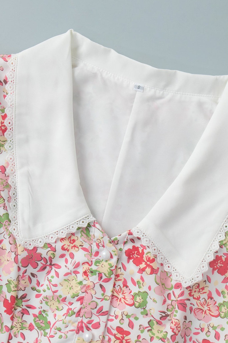 Floral Print Oversized Eyelet Lace Collar Puff Sleeve Tiered Hem Mini Dress