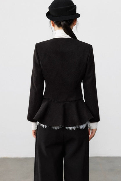 Black Pleated Waist Elegant Wool Coat