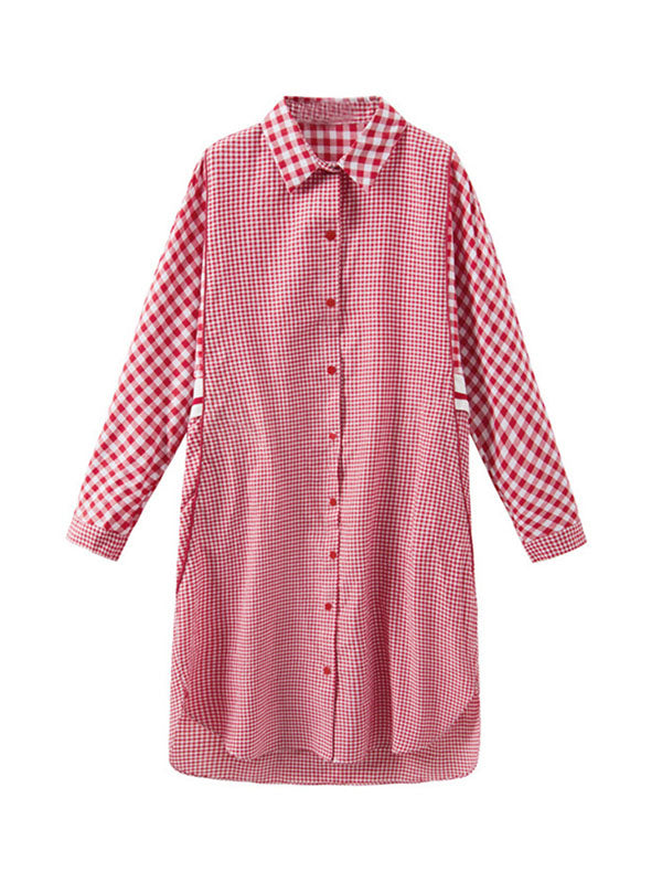 High-Low Loose Buttoned Contrast Color Plaid Split-Joint Lapel Midi Dresses Shirt Dress