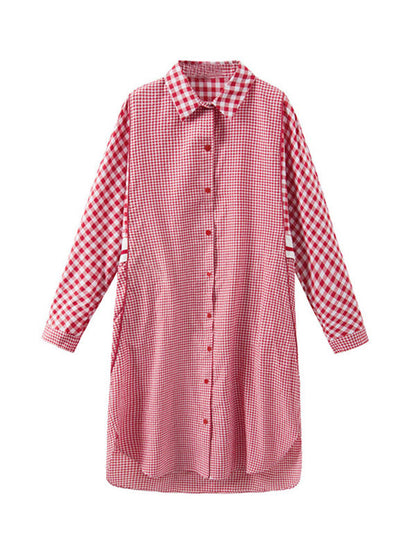 High-Low Loose Buttoned Contrast Color Plaid Split-Joint Lapel Midi Dresses Shirt Dress