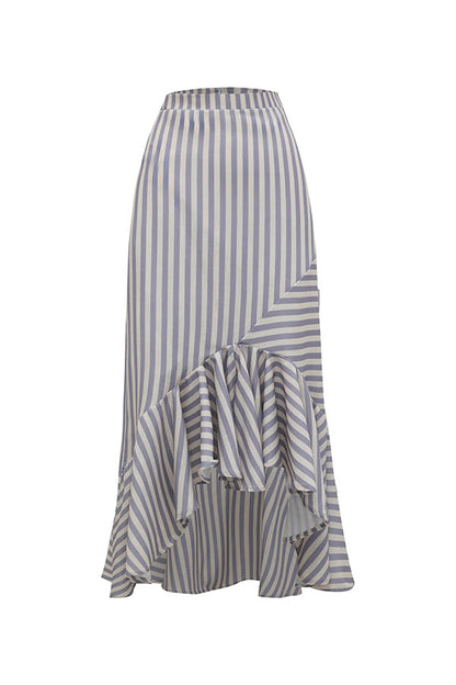 Tierra Striped V-neck Batwing Sleeve Loose Shirt and High Waist Irregular Fishtail Hem Midi Skirt Set