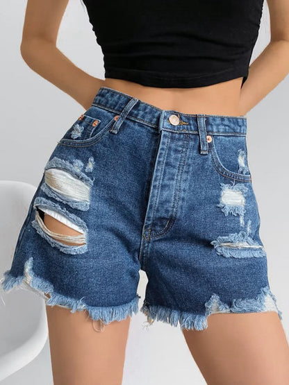 High Waist Ripped Burr Denim Shorts