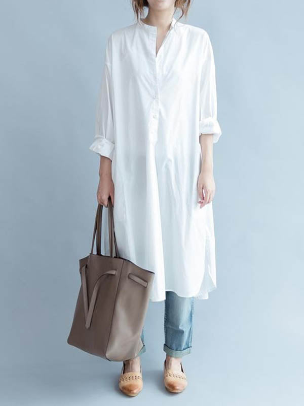 High-Low Long Sleeves Buttoned Solid Color Split-Side Lapel Midi Dresses Shirt Dress
