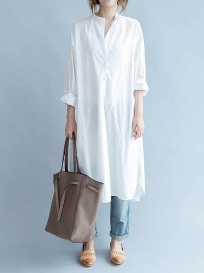 High-Low Long Sleeves Buttoned Solid Color Split-Side Lapel Midi Dresses Shirt Dress