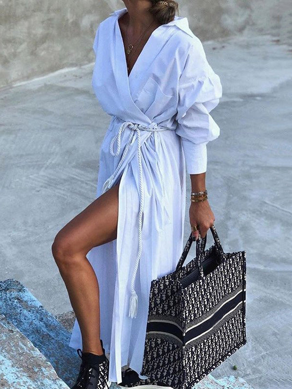 Simple Long Sleeves Belted Solid Color Lapel Maxi Dresses