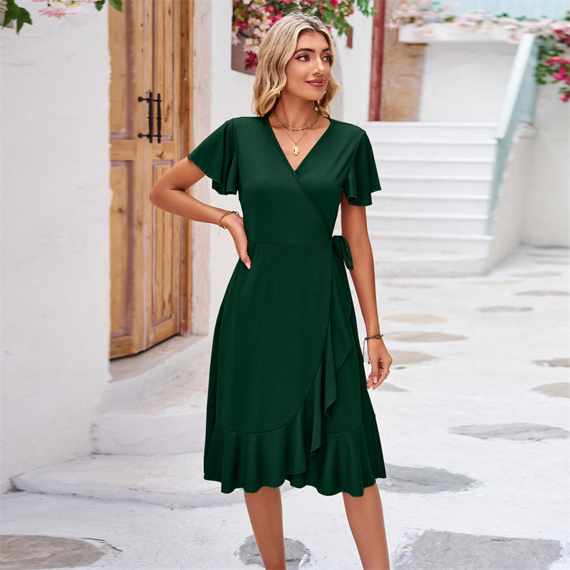 V-Neck Short Sleeve Irregular Midi Dress in Various Colors