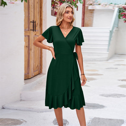 V-Neck Short Sleeve Irregular Midi Dress in Various Colors