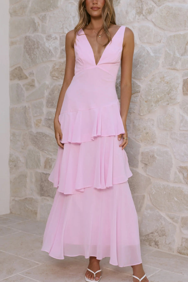 Solid Color V-neck Sleeveless Elegant Layered Maxi Dress