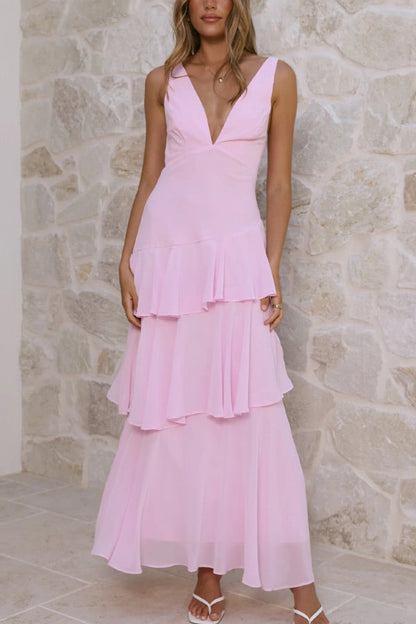Solid Color V-neck Sleeveless Elegant Layered Maxi Dress