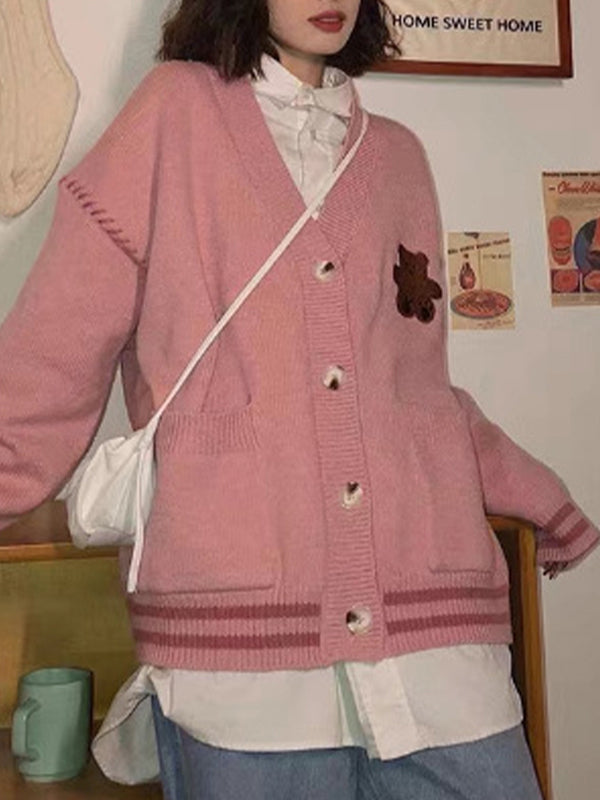 Preppy Bear Embroidery Seam Detail V Neck Knit Cardigan