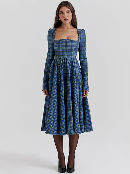 Dark Navy A-Line Dress Square Neck Backless Long Sleeves Day Midi Dresses