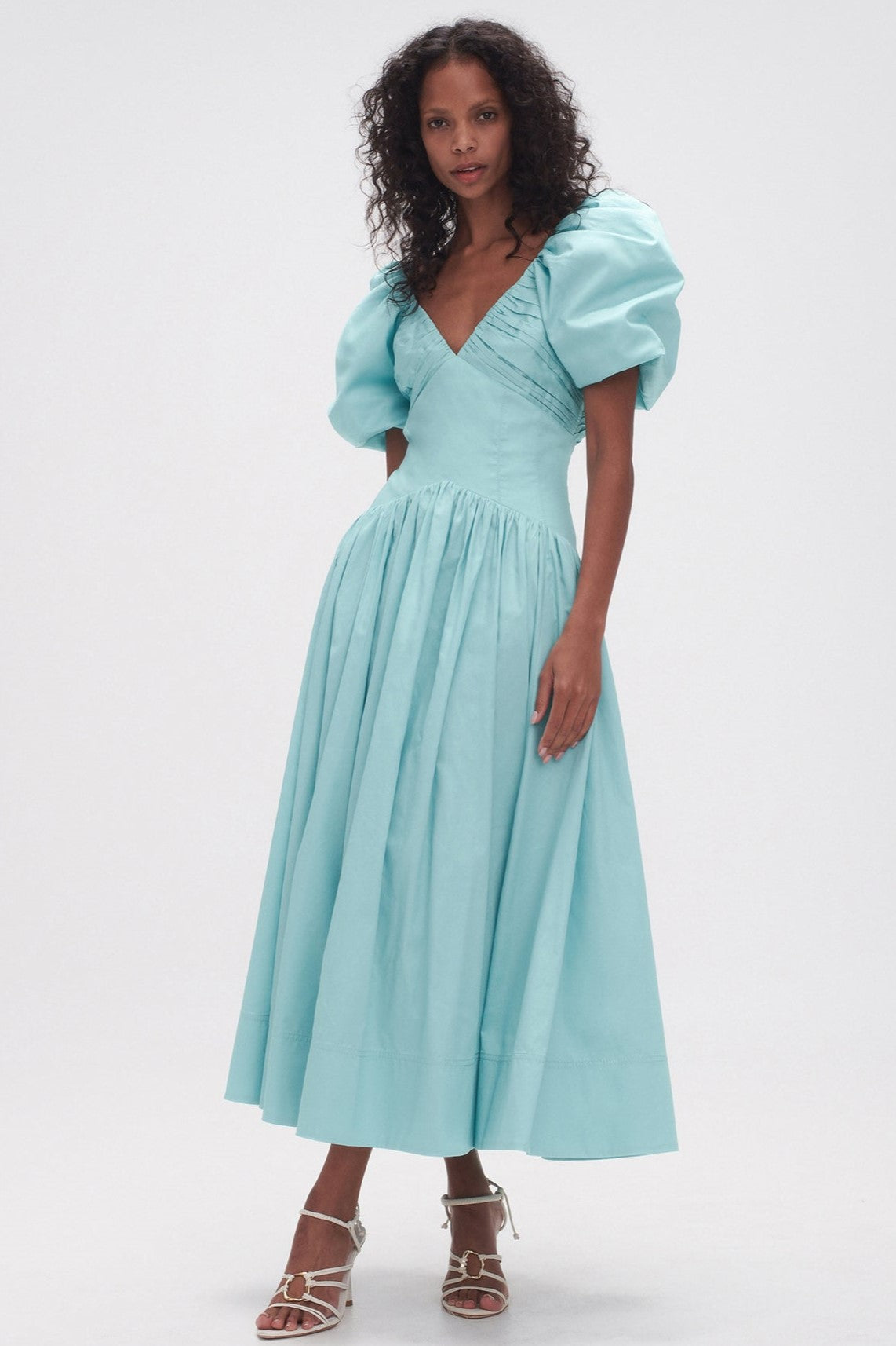 Solid V-Neck Pleat Puff-Sleeve Midi Dress