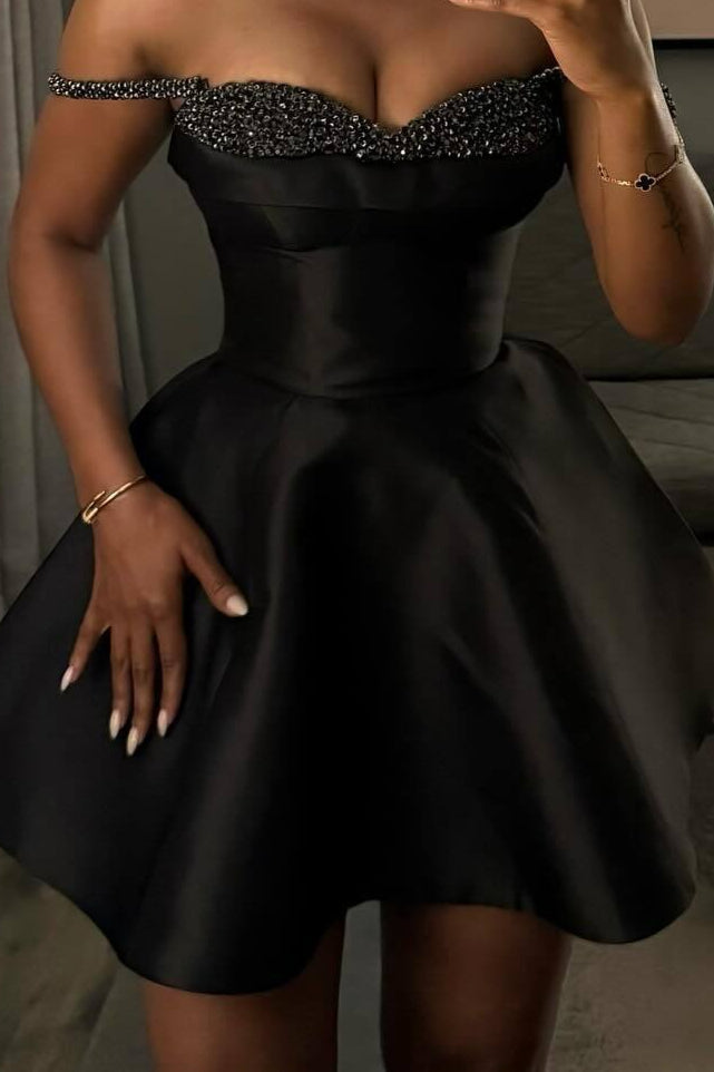Sweetheart Beaded Trim Satin Fit and Flare Mini Dress