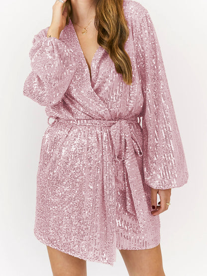 Dasha Sequin Long Sleeve Mini Dress - Pink