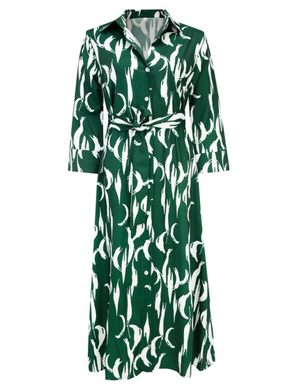 Shirt Midi Dress Green Turndown Collar Split Front Long Sleeves Geometric Layered Dress