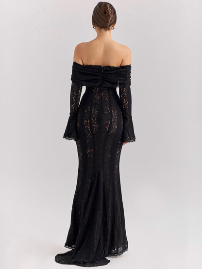 Black Floral Lace Maxi Dress Off Shoulder Bell Long Sleeve Mermaid Bodycon Dress For Women 2026