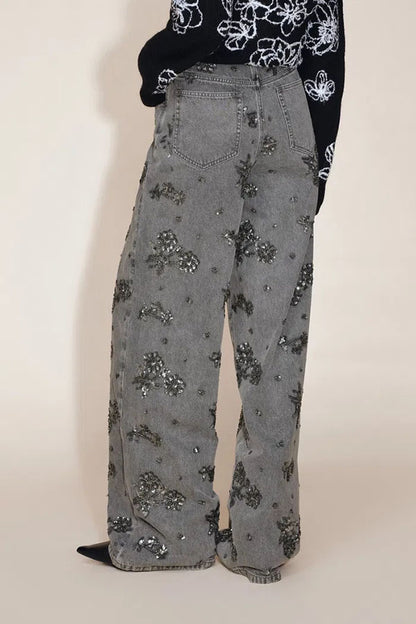 Jhenie Denim Beaded Sequin Floral Pattern Mid Rise Pocket Wide Leg Jeans