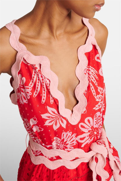 Floral Lace Wavy Line Midi Dress With Belt