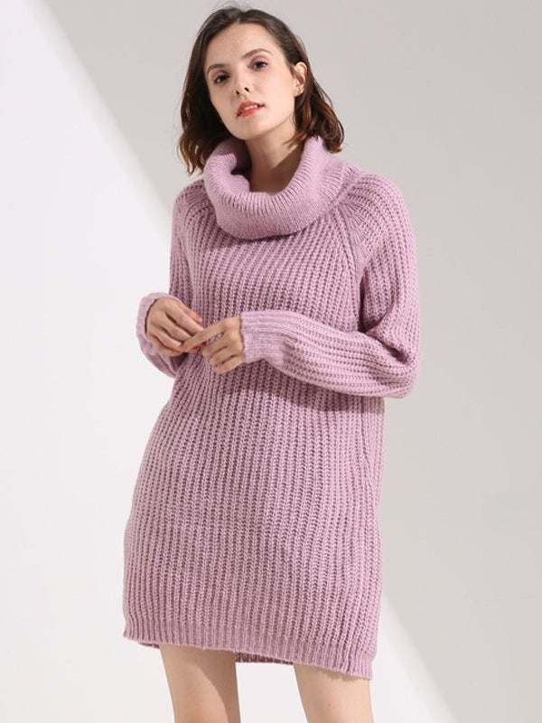 Slouchy Knitted Dress Turtleneck Long Sleeves Ribbed Cuff Mini Dresses