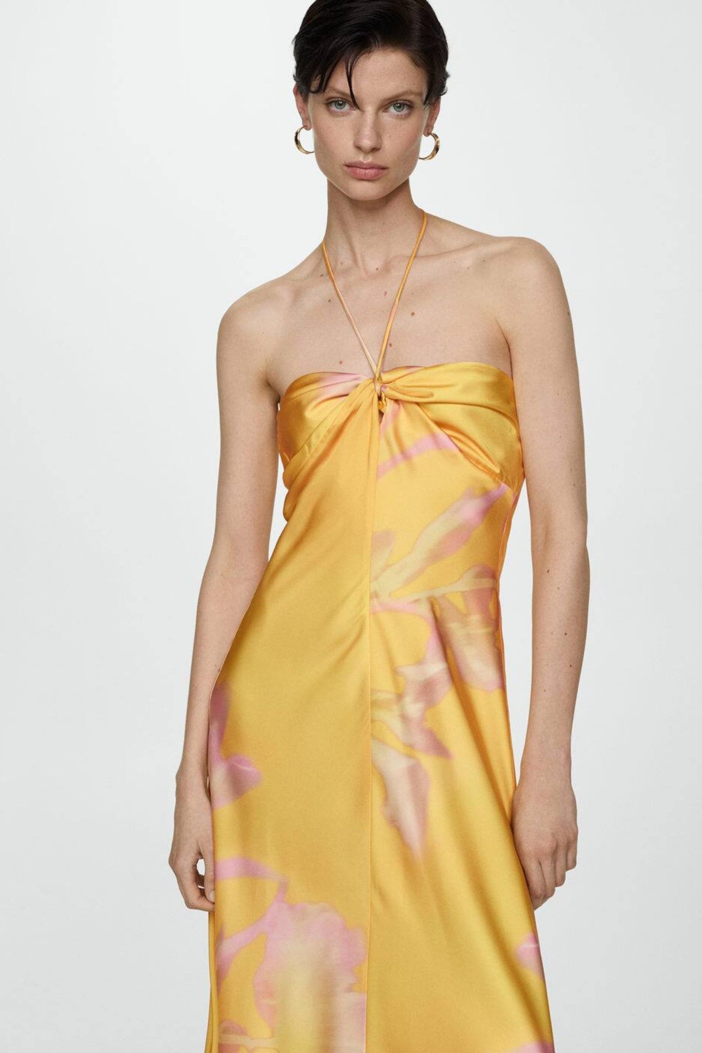 Halter Neck Twist Front Gathered Bodice Abstract Floral Satin Maxi Dress