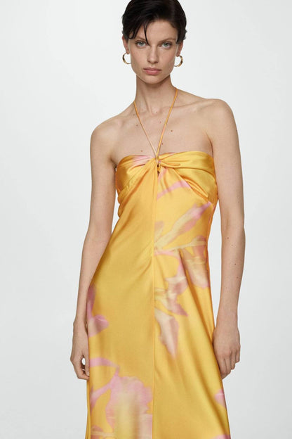 Halter Neck Twist Front Gathered Bodice Abstract Floral Satin Maxi Dress