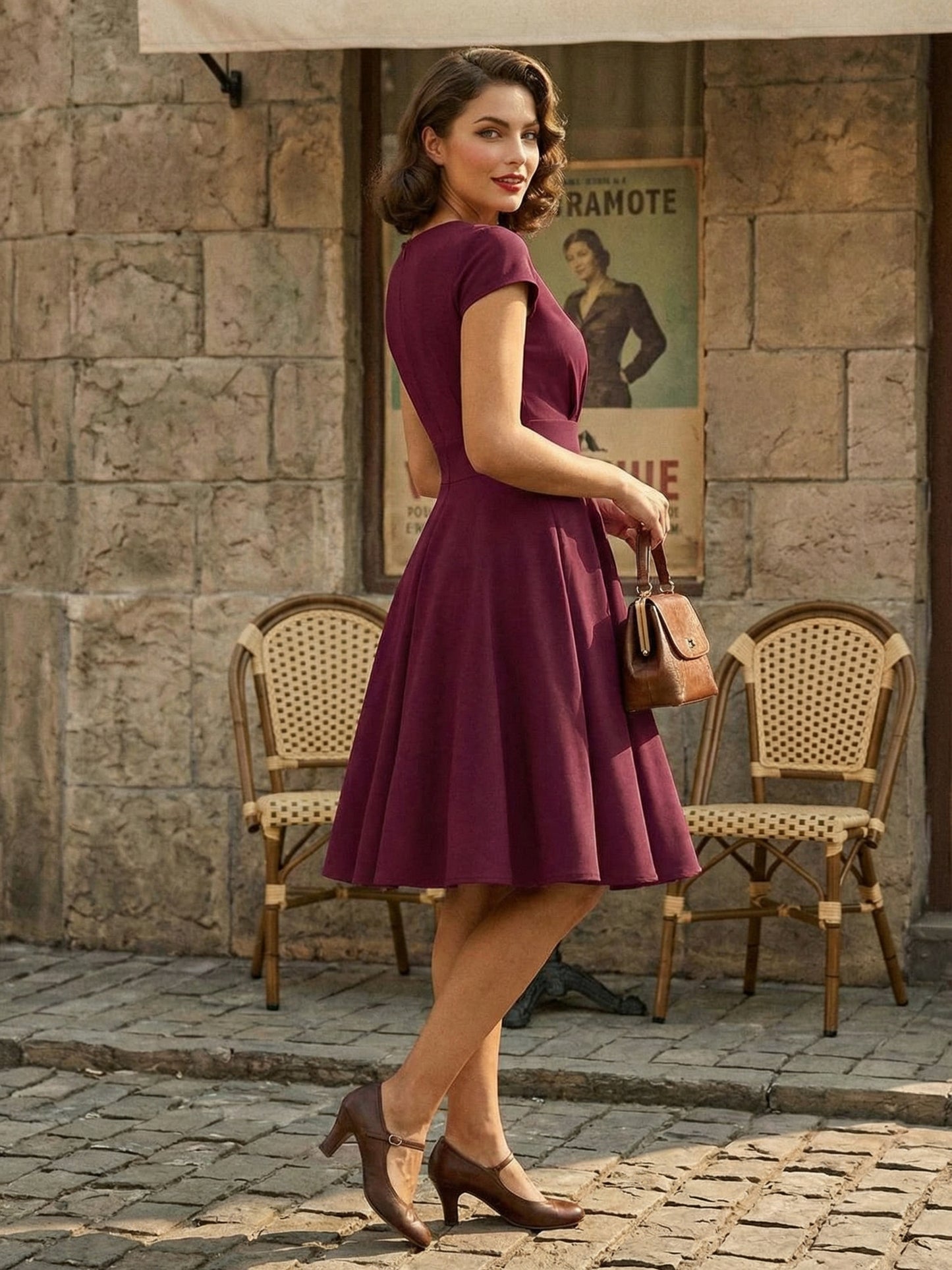 Vintage Glamour Dress 1950s Style Jewel Neck Cut Out Short Sleeves Medium Swing Dress