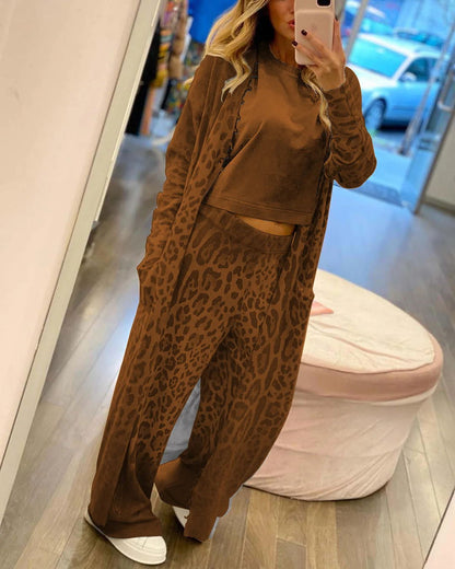Comfort first Leopard Print Pocket Long Sleeve Cardigan Elastic Waist Pants Set