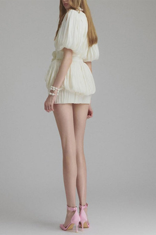 Plisse Puff Sleeve 3D Floral Waist Bubble Hem Mini Dress